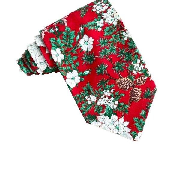 Vintage Christmas Poinsettias Neck Tie Silk Red Floral Career Professional Mens - Picture 2 of 12